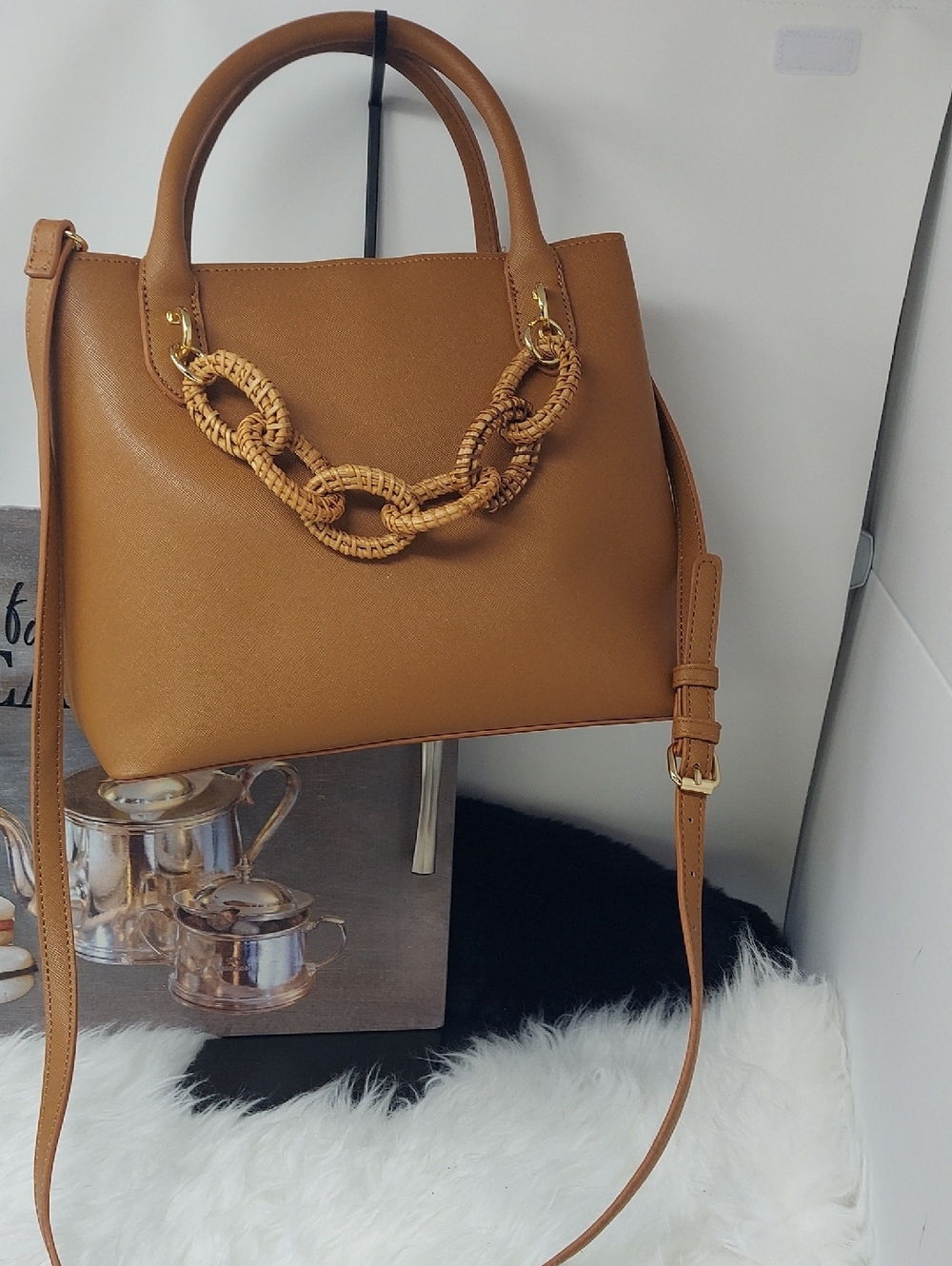Betsey Johnson Tan XO Charlie Tote Woven-Chain Satchel